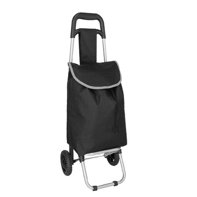 Código BL 072 Carrito portátil para supermercado, de metal, con 2 ruedas, agarradera de plástico y bolsa de poliéster desmontable, con correa ajustable. Material: Metal/Poliéster. Medidas Alto: 85.0 cm. Ancho: 32.0 cm. Fuelle: 18.0 cm.