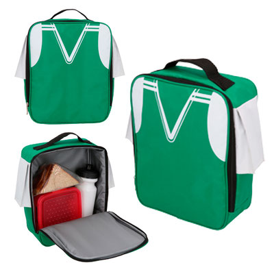 Código LON 024 CUAU Lonchera en forma de playera de futbol con asa superior, interior plastificado y fuelle. Material: Poliéster. Medidas del producto Alto: 30.0 cm. Ancho: 24.0 cm. Fuelle: 11.0 cm.