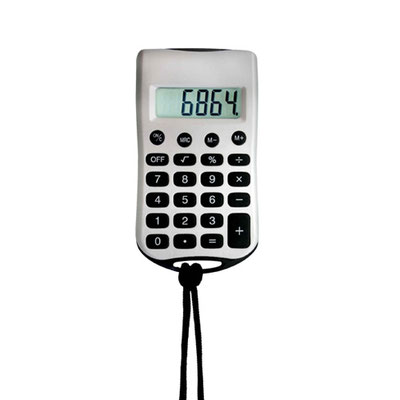 Código CA 0011 TEXAS Calculadora de bolsillo con cordón. Incluye baterías. Material: Plástico. Medidas del producto Alto: 9.8 cm. Ancho: 5.3 cm.
