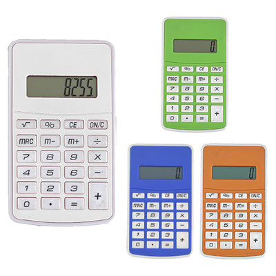 Código CA 004 SAM Calculadora de 8 dígitos con botones de cuadro. Incluye batería. Material: Plástico. Medidas del producto Alto: 11.5 cm. Ancho: 6.8 cm.