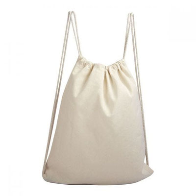 CÓDIGO SIN 220 Bolsa-mochila con tirantes de cordón y cerrado de jareta. Material Algodón.  Medida 32 x 41 cm