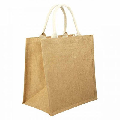 CÓDIGO SIN 112 Bolsa con fuelle y asas redondeadas. Interior plastificado. Material Yute Medida 30 x 30 x 19 cm