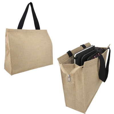 Código BL 065 Bolsa de yute con laminado en el interior, con cierre y asa. Material: Yute. Medidas  Alto: 35.0 cm. Ancho: 42.0 cm. Fuelle: 15.0 cm.