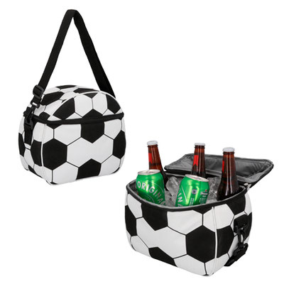 Código LON 025 LANEZ Hielera con diseño de balón de soccer con interior impermeable plastificado y correa ajustable. Material: Poliéster.  Medidas del producto Alto: 26.0 cm. Ancho: 29.0 cm. Fuelle: 14.0 cm.