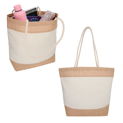 Código BL 107 ZANTE Bolsa de yute y algodón cosida con asas. Material: Algodón / Yute. Medidas Alto: 35.0 cm. Ancho: 44.5 cm.