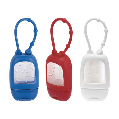 Código SLD 030 -GEL ANTIBACTERIAL IMANPA (Gel antibacterial. Portátil y recargable. Incluye sujetador de silicón.)  Material: Plástico / Silicón.    Tamaño: 4.2 x 12.5 cm
