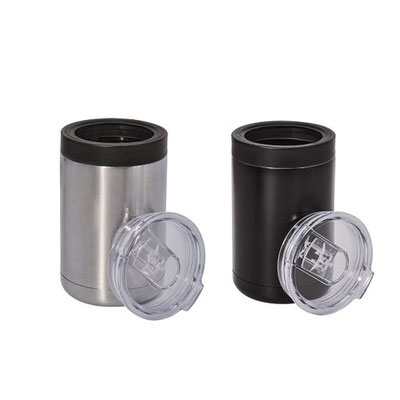 Código TMPS 139 TERMO PORTALATAS DELA Doble pared. Pared interna y externa de acero inoxidable. Tapa de plástico con válvula de seguridad y tapa para usar de portalatas con tamaño de 355ml. Mantiene temp. caliente 6 hrs. y temp.  fría 8 hrs. aprox.