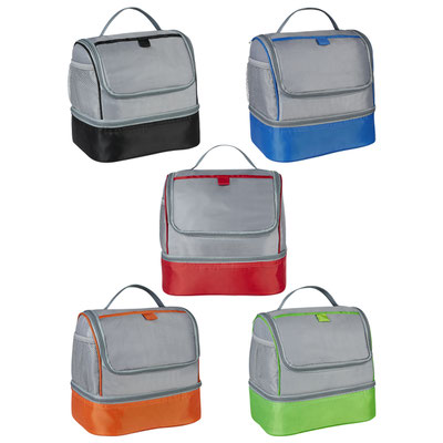 Código  SIN 245   LONCHERA LEDU (Interior plastificado. Bolsa principal y frontal. Bolsa lateral de malla. Doble compartimento con cierre. )  Material:  Poliéster.  - Tamaño:   24 x 24 x 17 cm.