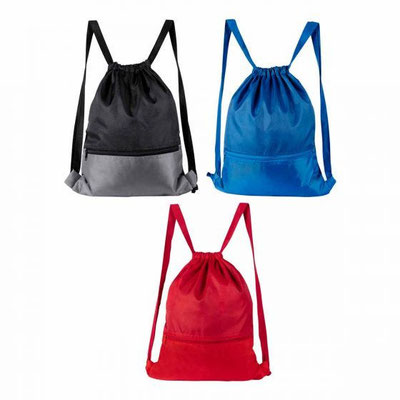 CÓDIGO SIN 933 BOLSA MOCHILA ANSHAR Bolsa-mochila con tirantes de cordón y cerrado de jareta. Bolsa frontal con cierre. Material Poliéster.  Medida 36 x 44 cm