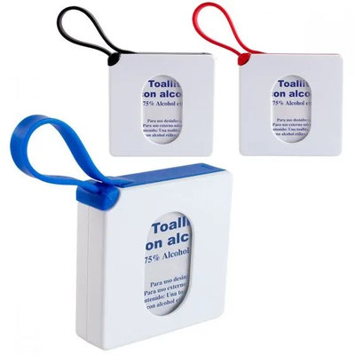 Código SLD 053 -ESTUCHE CON ASA DE SILICON  PADS DE ALCOHOL  - Incluye 10 toallitas con Alcohol al 75%.- Material: Plástico /Silicón Tamaño: 6 x 6 cm
