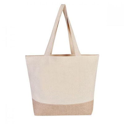 CÓDIGO SIN 192 Bolsa sin fuelle con asas y cierre. Material Algodón / Yute.  Medida 34 x 34 cm