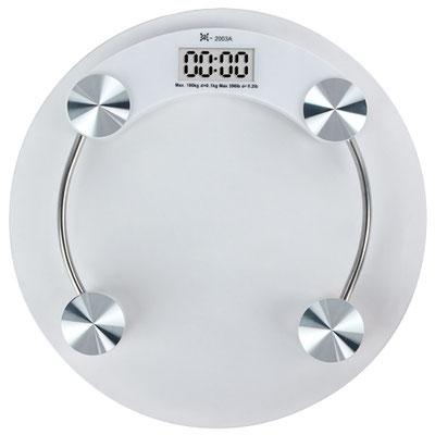 Código SLD 028 BáSCULA FINISH (Bascula digital. Capacidad maxima 180 kg. Bateria (1 de boton) incluida.) Material: Cristal. Tamaño: 32.8 cm Diametro.