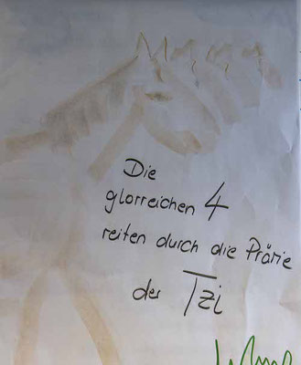 Ein Plakat aus einem TZI-Kurs mit dem Titel "Die glorreichen 4 reiten durch die Prärie der TZI"