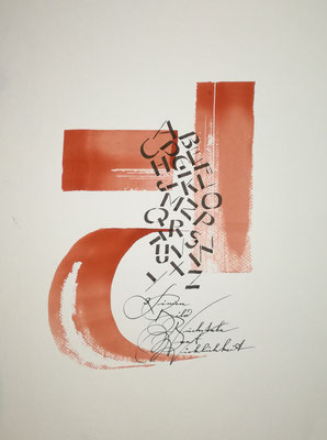 19-06-06 Günter Lange, Kalligrafie 26 Buchstaben aus 3 Linien, 36x48 cm, mixed media