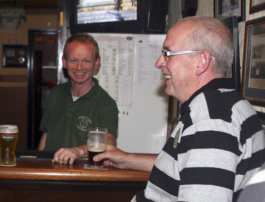 Michael Sharkey of Sharkey's bar Annagry and John Rodgers get ready to watch the Champions League match between Villareal & Celtic (Photo John Rafferty Photography)