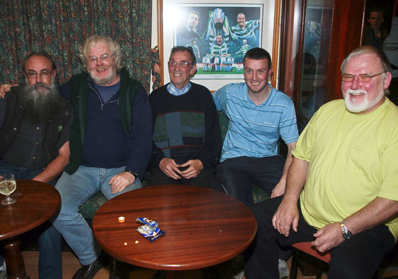 Chris Brown, Harald Juengst, Paddy Mc Garvey, Owenie Mc Garvey & Ralf Wolf watching the Champions League match between Villareal & Celtic in Sharkey's bar Annagry (Photo John Rafferty Photography)