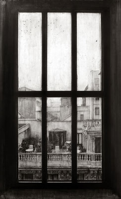 "La bandada de vencejos y la mosca / The Flock of Swifts and the Fly". Grafito sobre tabla /Graphite on board. 2018. 146 x 89 cm. Colección particular.