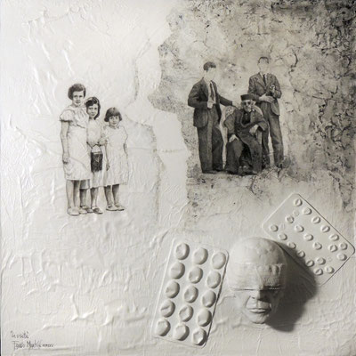 "La visita. Paciente Nº1. (serie Diagnosis). / The visit. Patient #1. (Diagnosis series)". Técnica mixta sobre tabla / Mixed media on board. 2025. 40x40x8,5 cm.