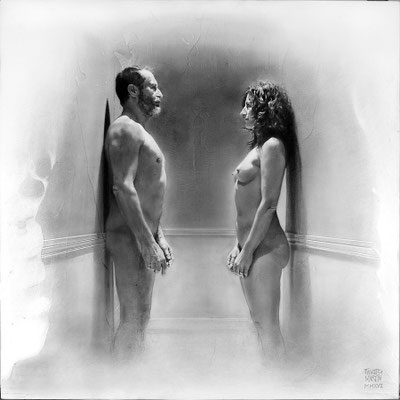 "Pareja en silencio / Couple in silence". Grafito sobre tabla / Graphite on board. 2016.  50 x 50 cm. Colección particular.