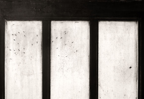 "La bandada de vencejos y la mosca / The Flock of Swifts and the Fly". (Fragmento / Detail). Grafito sobre tabla /Graphite on board. 2018. 146 x 89 cm. Colección particular.