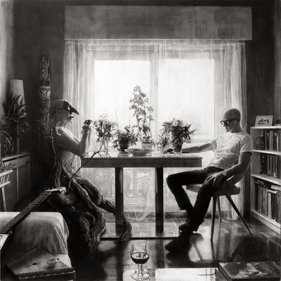 "El hombre árbol visita al ermitaño / The Tree Man Visits The Hermit". Grafito sobre tabla / Graphite on board. 2021. 110 x 110 cm. Mención de Honor en el 11º concurso internacional FIGURATIVAS 21. MEAM. Colección particular.
