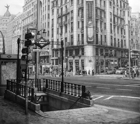 "Salida de metro en la Gran Vía / Underground exit to Gran Vía" (fragmento / detail) Grafito sobre papel / Graphite on paper. 2010-2011. 100x70 cm. Colección particular.