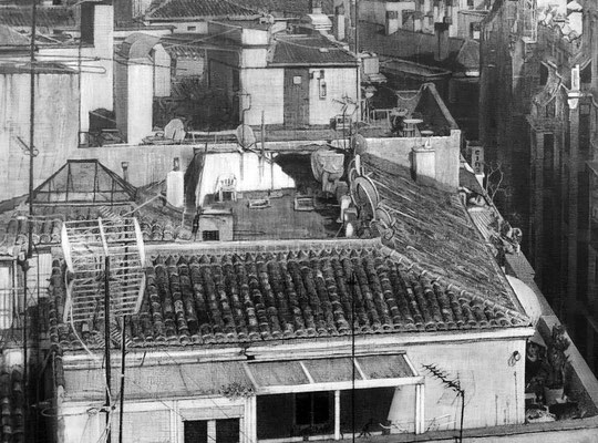 "Tejados de Madrid / Madrid rooftops" (fragmento / detail). Grafito sobre tabla / Graphite on board. 2013. 80x146 cm. Colección del Ministerio de Asuntos Exteriores y de Cooperación de España.