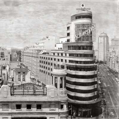 "Panorámica de Madrid desde Callao". (fragmento / detail). Grafito sobre tabla / Graphite on board. 2023. 60x140 cm. Colección particular.