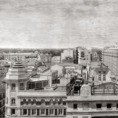 "Panorámica de Madrid desde Callao". (fragmento / detail). Grafito sobre tabla / Graphite on board. 2023. 60x140 cm. Colección particular.