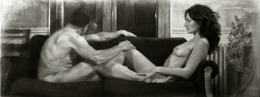 "Le voyeur".  Grafito sobre tabla / Graphite on board. 2016.  45 x 120 cm.