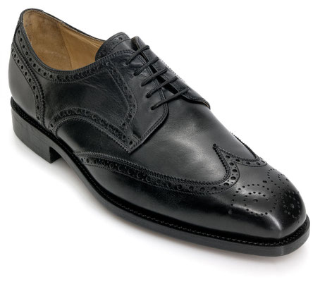 Fullbrogue Derby (Leisten carree), Obermaterial Frenchcalf schwarz, rahmengenäht mit Ledersohle, Absatz Leder / Gummi