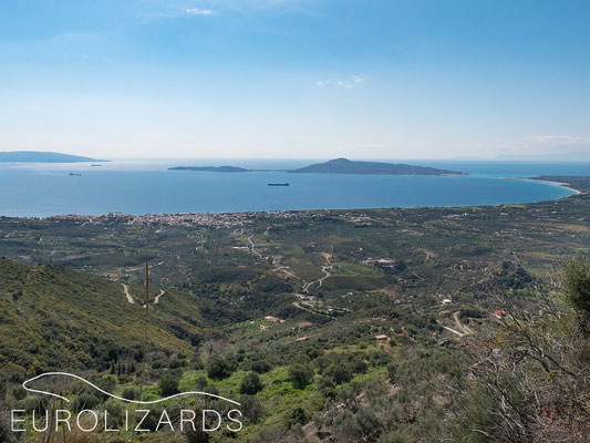 View over Neapolis bay to Elafonisi island (center) and Kythira island (left), with Mani in the far back
