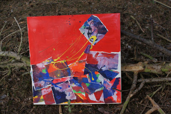 Länge: 59 cm / Breite: 59 cm (Acrylbasis/ Kartonpapier/ Kunstfeder/ Leinwand)