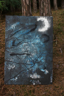 Die Sichel der Nacht / Länge: 100 cm / Breite: 70 cm (Acrylbasis/ Metallplättchen/ Pigmente/ Leinwand)