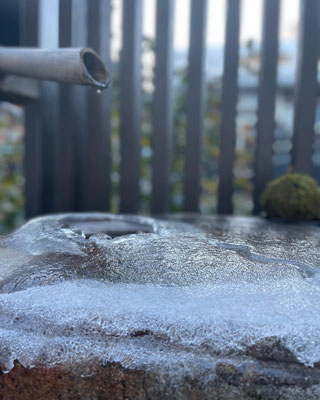 セラ真澄（宮坂醸造）　新年三が日　極寒の諏訪地方　庭の蹲(つくばい)も凍りました