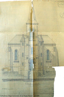 Le premier projet de construction de l'église actuelle : en 1883. Une architecture totalement différente (c) Archives Départementales de la Haute-Vienne - 2 O 691