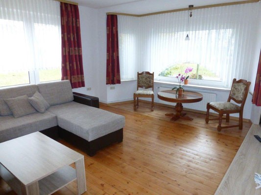 Wohnzimmer mit Sofa und SAT-TV