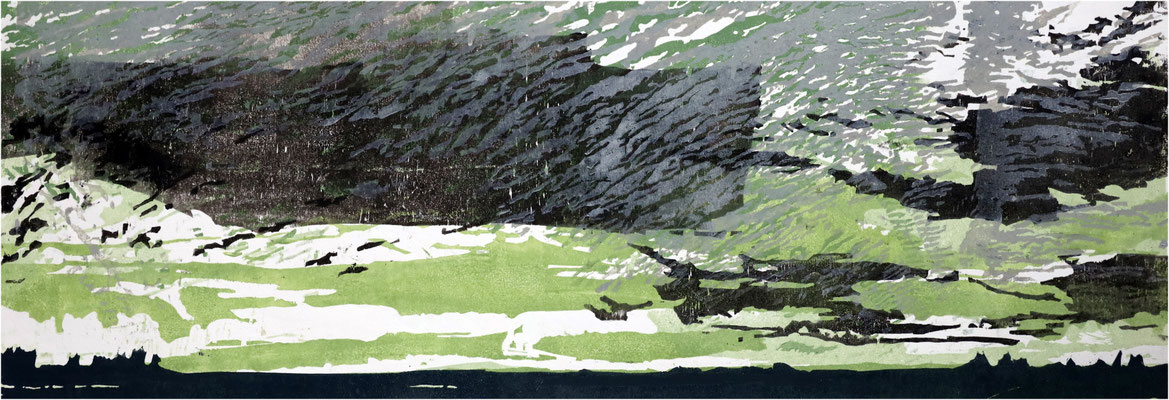 Vogelschwarm, 6-Farb-Holzschnitt, Unikat, 2025, 64 x 20 cm
