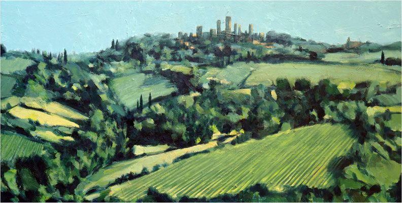 Fattoria Poggio Alloro - San Gimignano, Öl auf Leinwand, 2024, 100 x 50 cm