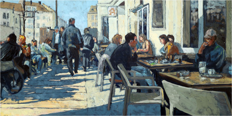 Schach mit August, Öl auf Leinwand, 2025, 100 x 50 cm