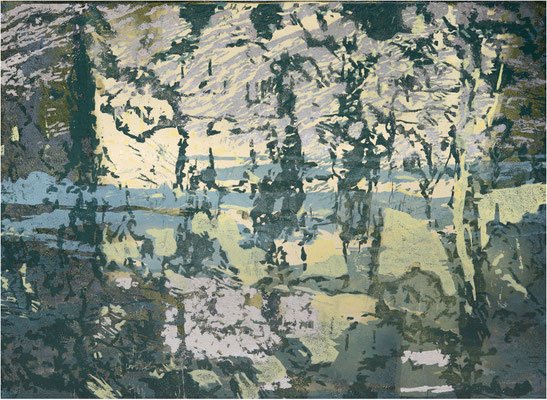 Italienische Spiegelung, 8-Farb-Holzschnitt, partiell versilbert, Unikatdruck, 2026, 54 x 39,5 cm
