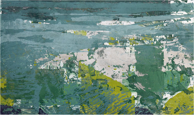 Skyline, 7-Farb-Holzschnitt, Aquarellfarbe, partiell versilbert, Unikatdruck, 2026, 59 x 35 cm