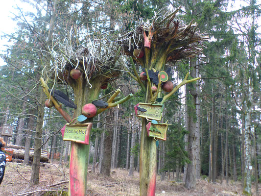 Lustige Wegweiser im Wald zum Ausflugslokal