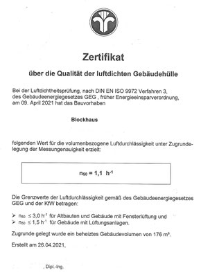 Holzhaus in Blockbauweise - Blockhaus als Wohnhaus - Massivholzhaus - Zertifikat - Blower Door Messung - Luftdichtheitsprüfung - Einfamilienhaus 