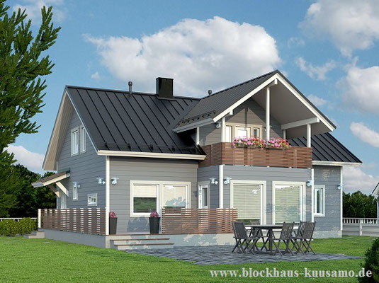 Wohnblockhaus mit Balkon - Blockhaus - Entwurf - Einfamilienhaus - Holzblockhaus - Kollektion - Blockhausbau - © Blockhaus Kuusamo    