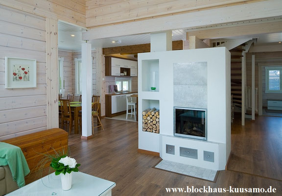 Wohnblockhaus mit Kamin - Holzheizung  - Holzhaus in Blockbauweise - Massivholzhaus - Niedrigenergiehaus - Energiesparhaus - Ökologische Bauweise - Finnische Holzhäuser auch in Deutschland - Niedersachsen - Sachsen Anhalt - Rheinland Pfalz - Hannover 