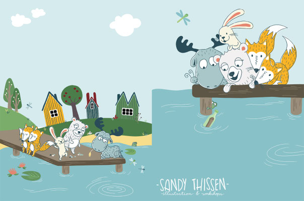 Tiere fischen eine Flaschenpost aus dem See