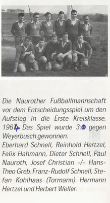 Naurother Aufstiegsmannschaft in die 1.Kreisklasse 1964