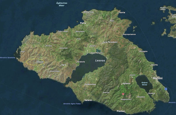 The location of Eresos in the dry wild nortwest of Lesbos