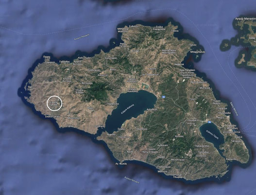 Die Lage des Dorfes Eresos im Nordwesten der Insel Lesbos